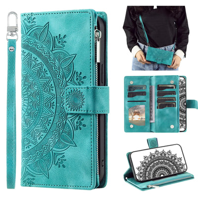 CASEONJAN Crossbody Wallet Case for Google Pixel 6 Pro Leather Case with Lanyard Strap Wristlet Zipper Card Holder Flip Phone case Cover for Google 6 Pro (Green)